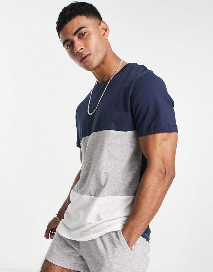 Jack & Jones Originals Color Block T-shirt In Navy Gray & White