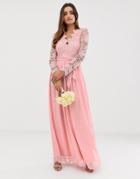 Club L Bridesmaid Long Sleeve Crochet Detail Maxi Dress - Pink