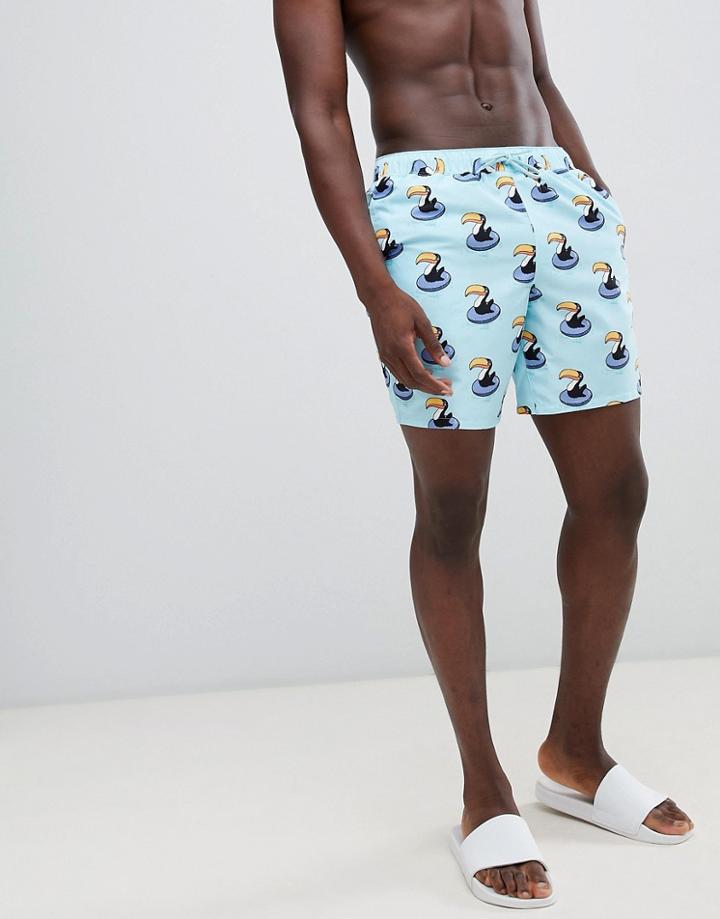 Asos Design Swim Shorts With Toucan Print In Mid Length-blue