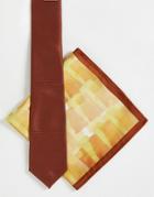Noak Slim Tie In Brown With Abstract Print Pocket Square And Lining-green