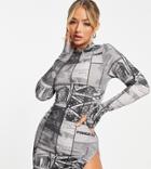 Asyou Printed Split Hem Dress In Gray