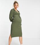 Asos Design Maternity Front Twist Shirt Midi Dress In Khaki-green