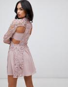 Asos Design Mini Dress With High Neck In Guipure Lace With Cut Out-pink