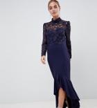 City Goddess Petite Long Sleeve High Neck Fishtail Maxi Dress With Lace Detail-navy