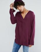 Asos Regular Fit Longline Viscose Shirt With V Neck In Plum - Purple