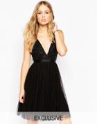 Needle & Thread Embellished Plunge V Neck Tulle Skirt Dress - Black