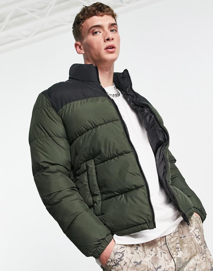 Jack & Jones Originals Stand Collar Puffer In Green Color Block