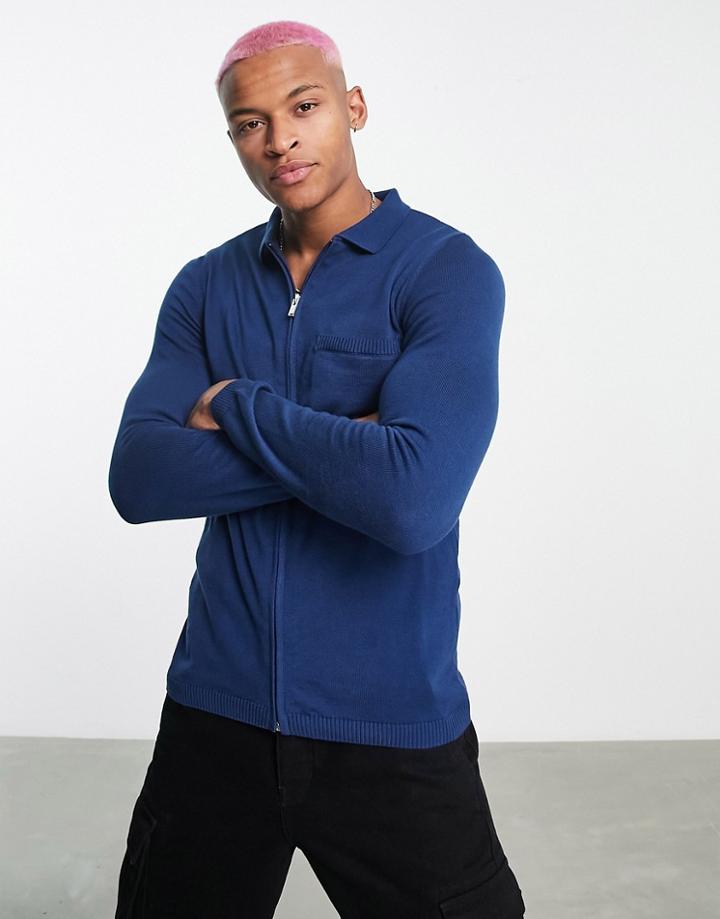 Bolongaro Trevor Zip Through Knitted Long Sleeve Polo-navy