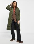 Only Diamond Quilted Long Jacket In Khaki-green