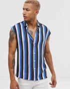 Asos Design Sleeveless Stripe Shirt In Blue And Pink - Blue