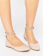 Daisy Street Nude Studded Ankle Strap Ballet Flat Shoes - Beige