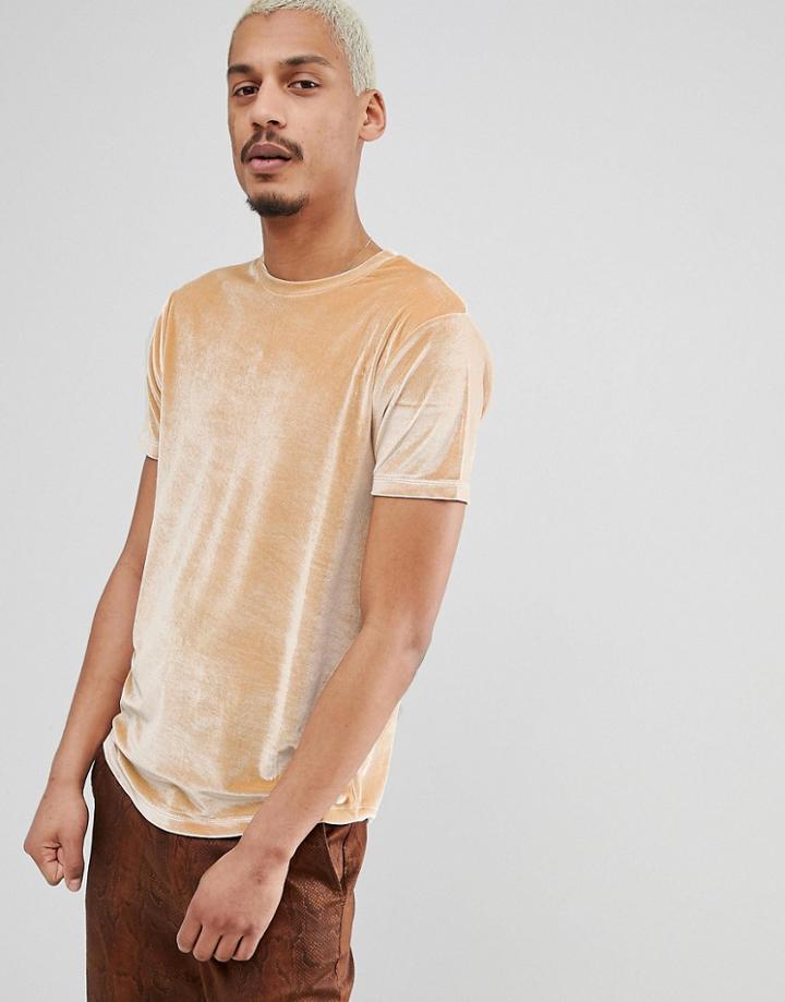 Asos Design Longline T-shirt With Curved Hem In Beige Velour - Beige