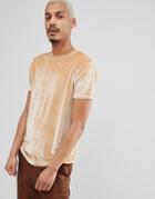 Asos Design Longline T-shirt With Curved Hem In Beige Velour - Beige