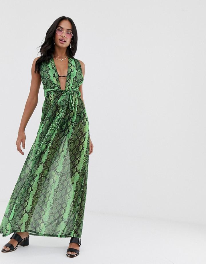 Prettylittlething Halterneck Maxi Beach Dress In Neon Green Snake - Multi
