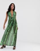 Prettylittlething Halterneck Maxi Beach Dress In Neon Green Snake - Multi