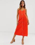 Asos Design Midi Slubby Cami Swing Dress With Faux Wood Buttons - Red