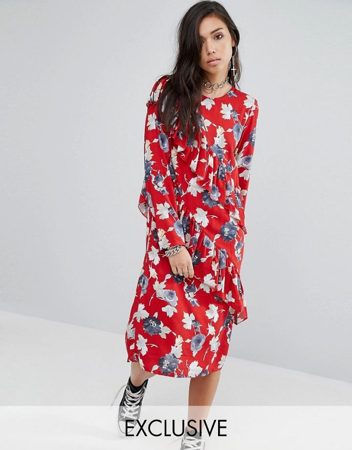 Milk It Midi Dress With Frills In Floral - Multi