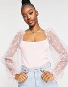 Asos Design Sweater With Dotted Organza Sleeve-pink