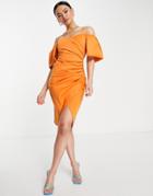 Asos Design Sweetheart Neck Wrap Tuck Off Shoulder Bardot Midi Dress In Orange