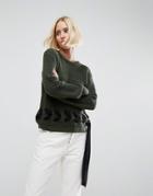 Asos Sweater In Chunky Knit With Lace Up Detail - Green