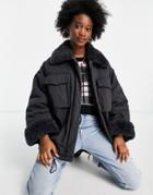 Asos Design Shearling Collared Cotton Jacket In Charcoal-grey