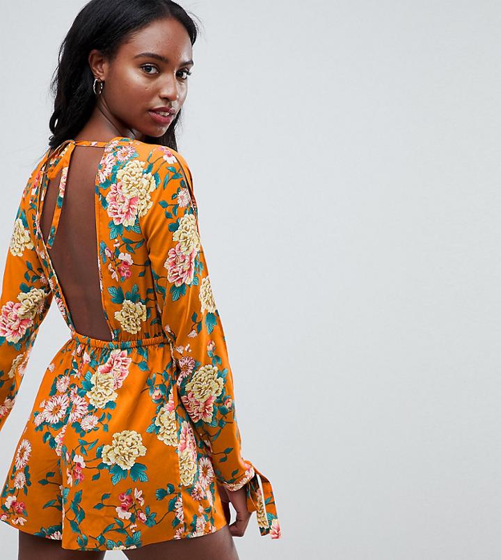 Influence Tall Open Back Floral Print Romper - Orange