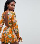 Influence Tall Open Back Floral Print Romper - Orange