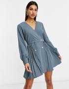 Missguided Pleated Skater Dress In Blue-blues