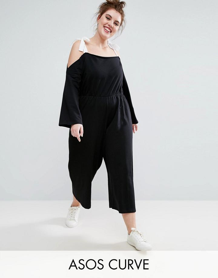 Asos Curve Jersey Jumpsuit With Cold Shoulder And Grosgrain Strap Detail - Black