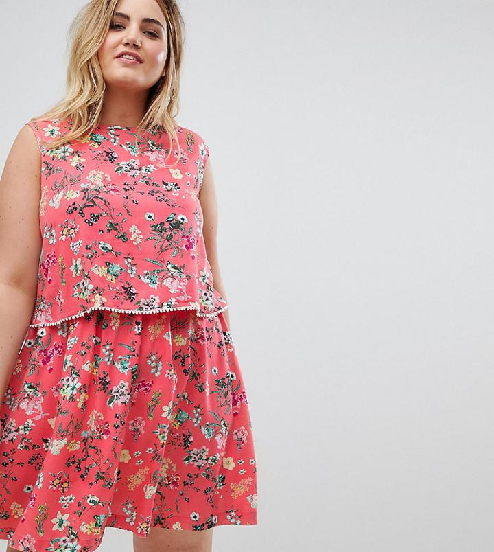 Brave Soul Plus Celeste Double Layer Floral Dress With Pom Pom Trim - Pink