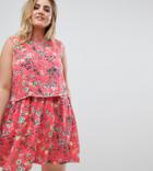 Brave Soul Plus Celeste Double Layer Floral Dress With Pom Pom Trim - Pink
