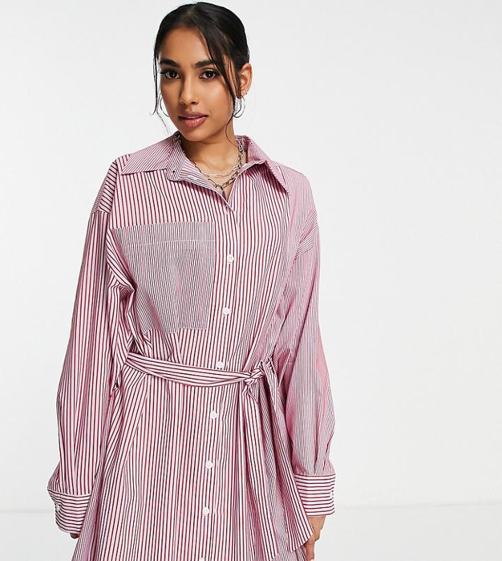 Topshop Petite Textured Mix Stripe Large Tie Belt Shirt Dress In Red
