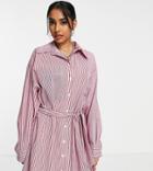 Topshop Petite Textured Mix Stripe Large Tie Belt Shirt Dress In Red