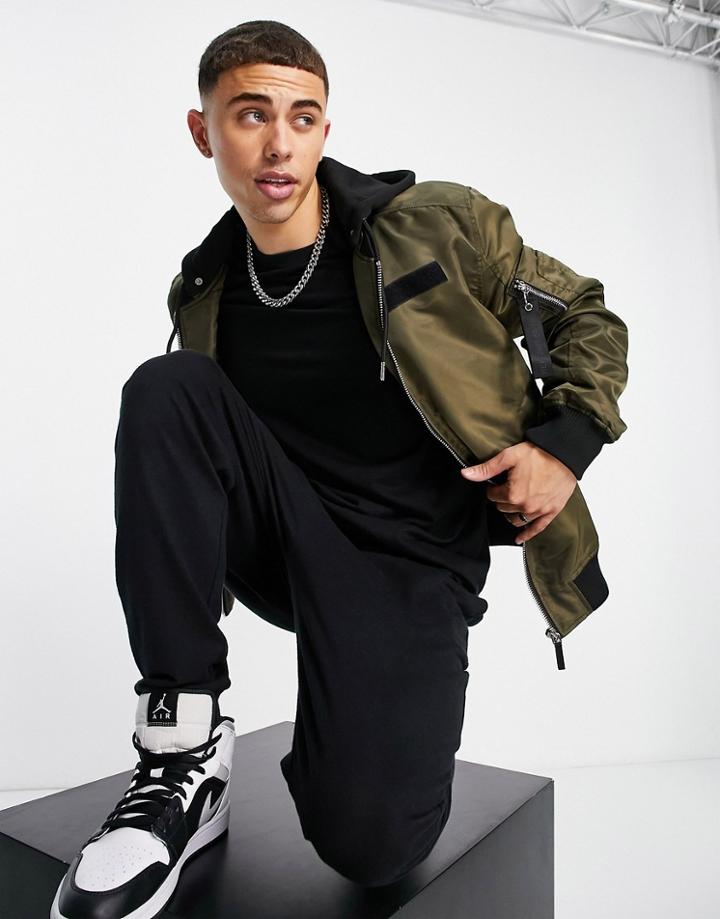 River Island Ma1 Hooded Bomber Jacket In Khaki-green
