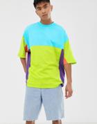 Asos Design Oversized Longline T-shirt With Half Sleeve In Retro Color Block-multi