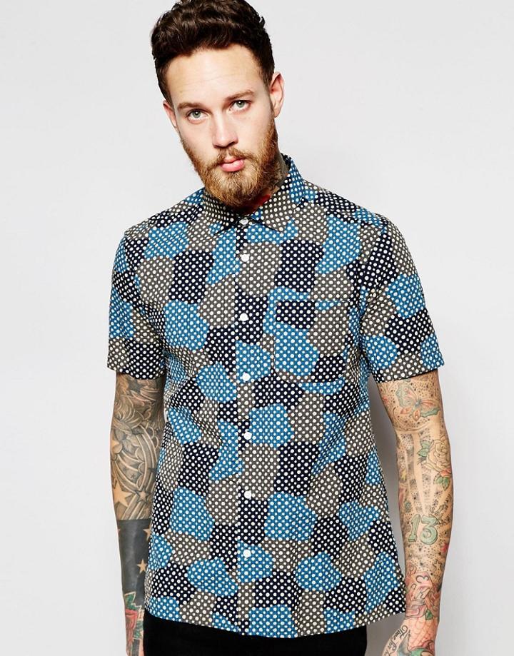 Ymc Shirt With Spot Cloud Print Short Sleeves - Blue