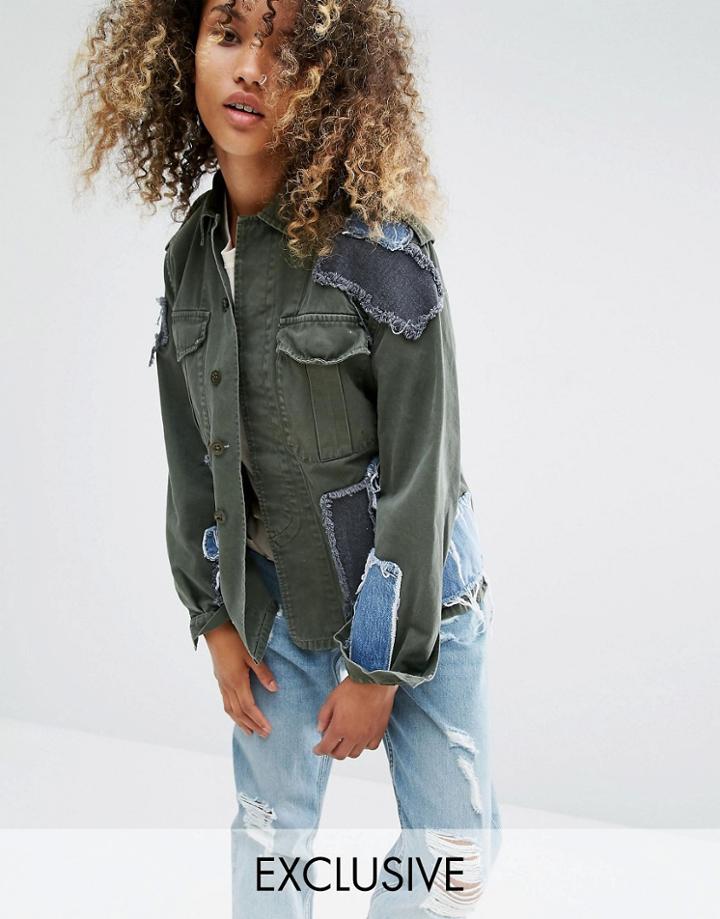 Milk It Vintage Military Jacket With Denim Patchwork - Green