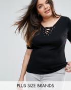 New Look Plus Short Sleeve Lace Up Top - Black