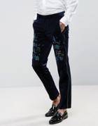 Asos Skinny Tuxedo Suit Pant In Navy Velvet With Placement Embroidery - Navy