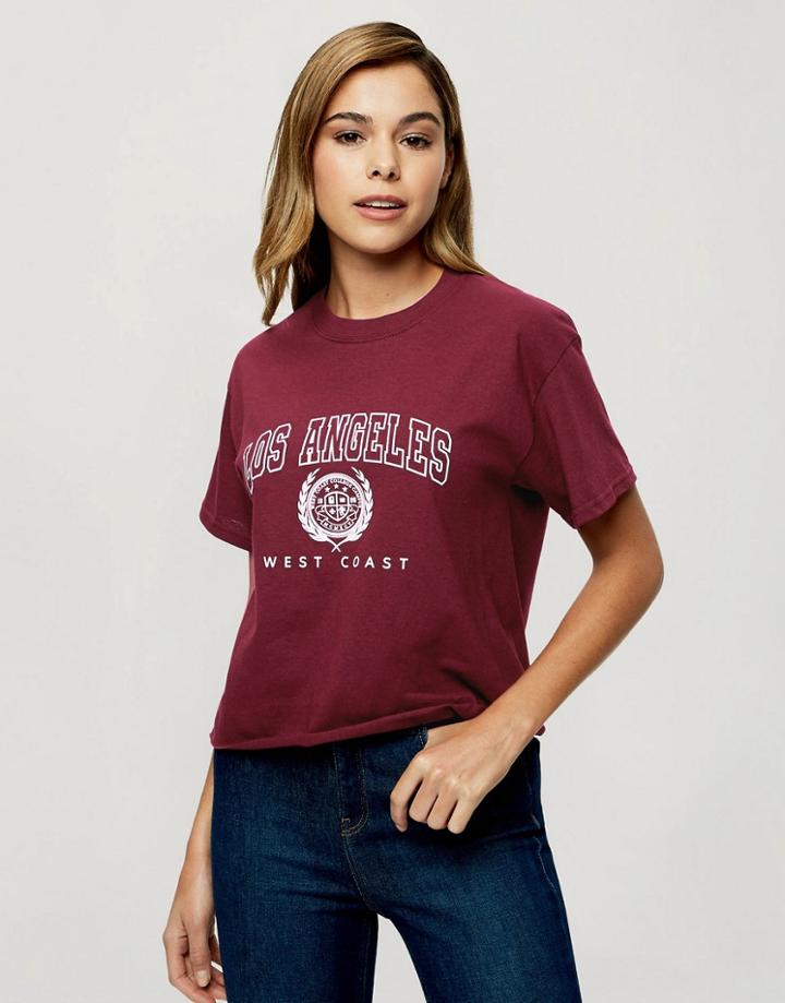 Miss Selfridge 'los Angeles' T-shirt In Burgundy-red