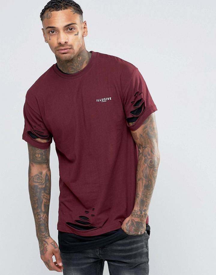 Illusive London Double Layered Long Line T-shirt With Rips - Red