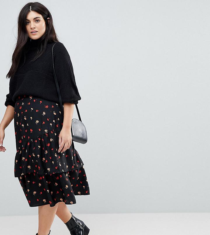 Influence Plus Asymmetric Floral Midi Skirt - Black