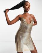 Simmi Chain Mail Halterneck Plunge Front Side Silt Mini Dress In Gold