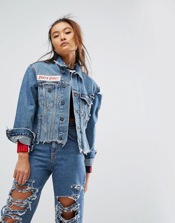 The Ragged Priest Distressed Denim Jacket With Patches - Blue