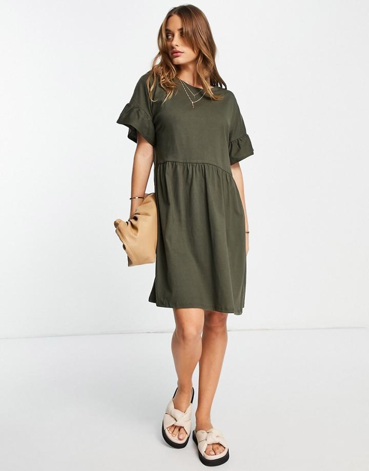 River Island Frill Smock T-shirt Mini Dress In Khaki-green