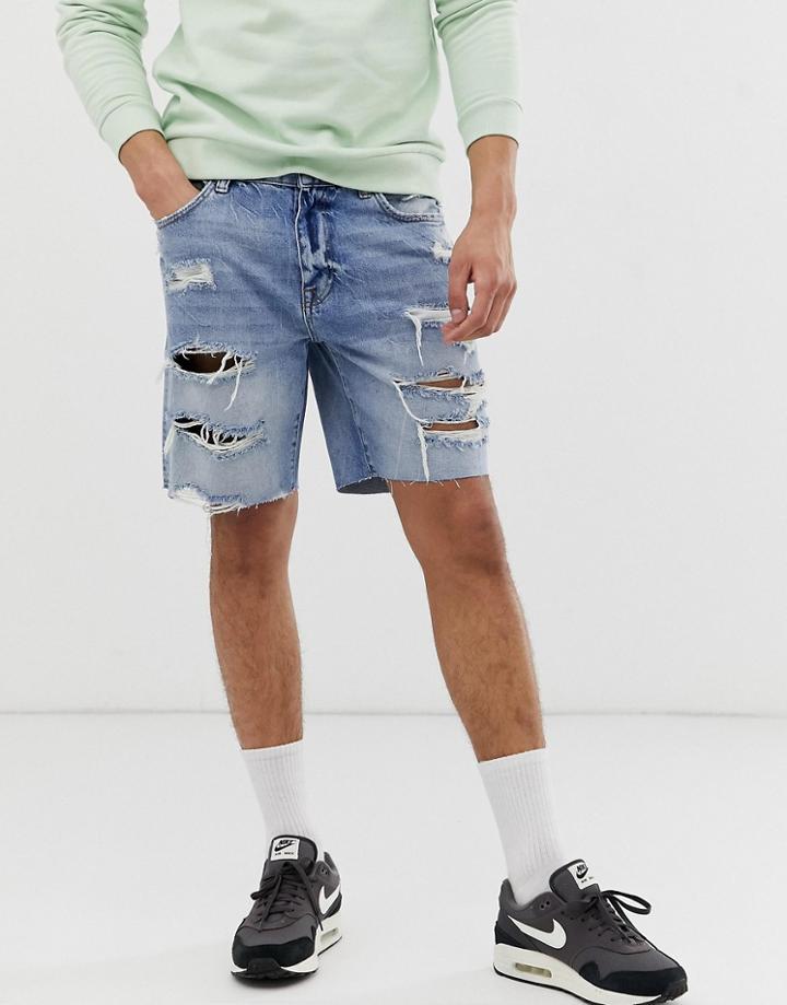 Bershka Slim Denim Shorts With Rips In Light Blue - Blue