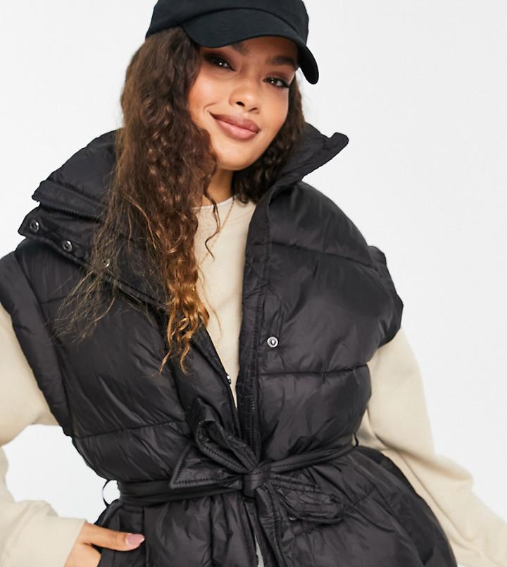 Asos Design Petite Belted Puffer Vest In Black