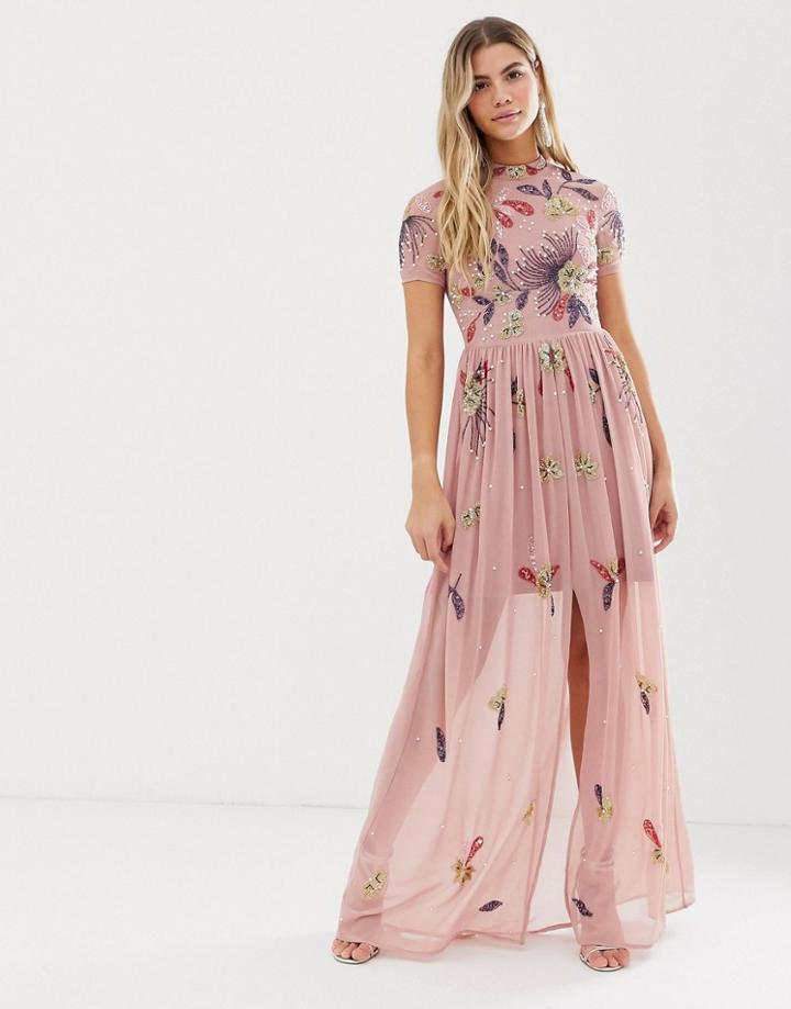 Frock And Frill Floral Embellished Maxi Dress In Dusky Rose - Pink