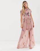 Frock And Frill Floral Embellished Maxi Dress In Dusky Rose - Pink