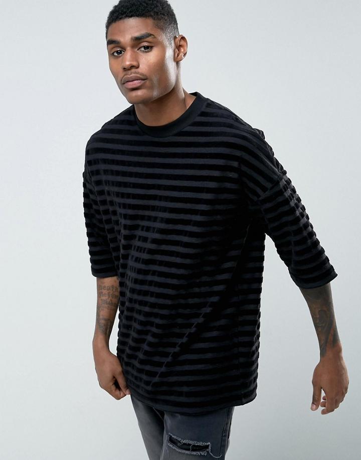Asos Oversized T-shirt With Velour Stripe - Black